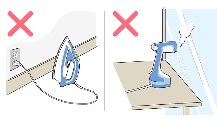 熱に弱い壁やドア、ガラス窓近くで使わないことを注意喚起するイメージ