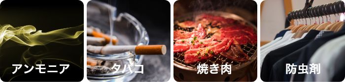 アンモニア、タバコ、焼肉、防虫剤など脱臭可能なニオイの種類